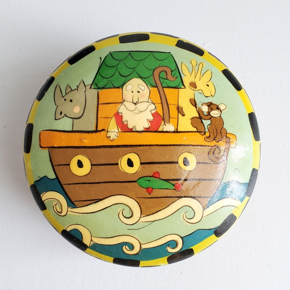 80s VTG Charming Noahs Ark Child Trinket Box Kids Animals Decor Bible Biblical